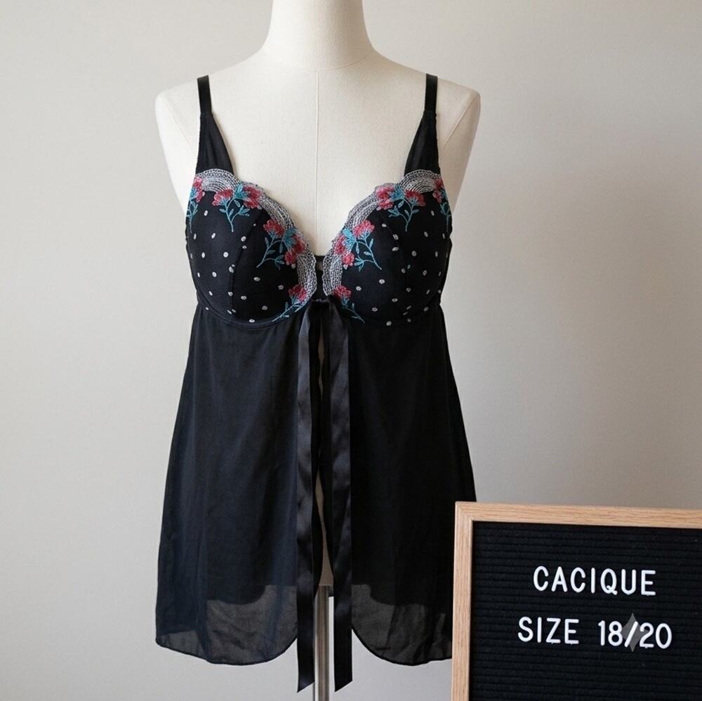 Cacique Floral Embroidered Babydoll Lingerie Chemise 18/20 Black Polka Dot Ribon